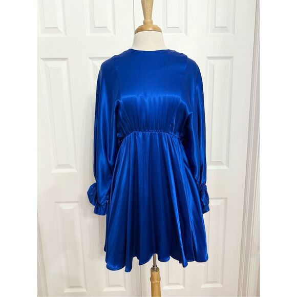 Bognar Blu Womens Blue Solid Satin Ruffle Long Sleeve A-Line Dress Size Large - Picture 1 of 6